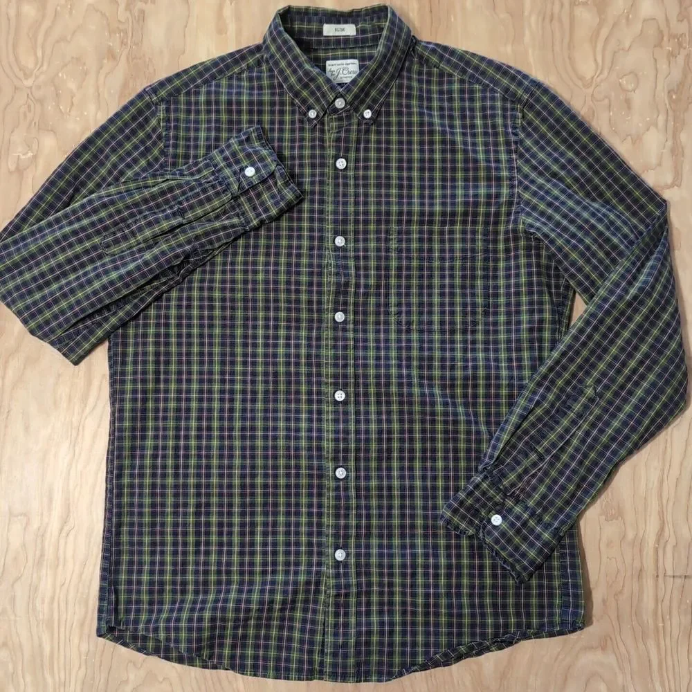 J.Crew - Men's‎ M Slim Fit Green/Multi Plaid Cotton Stretch Shirt